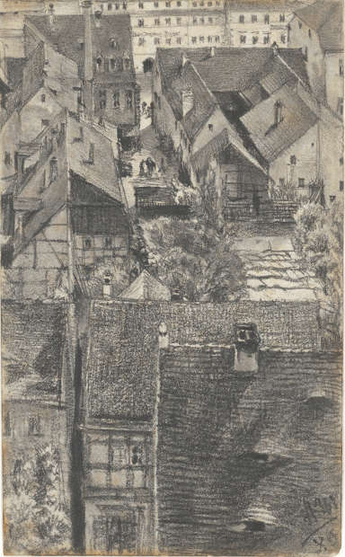 Adolph Menzel (1815–1905), Blick über die Dächer von Schandau, 1880, Grafit auf Papier, 210 x 130 mm (© Privatsammlung in der Hamburger Kunsthalle, Foto: Christoph Irrgang)
