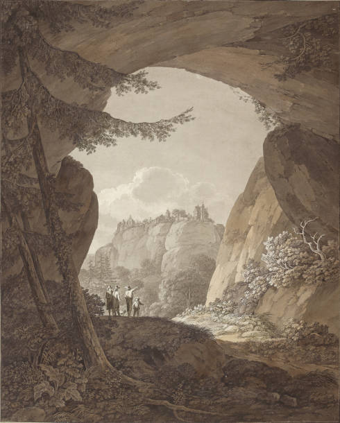 Adrian Zingg, Blick durch ein Felsentor auf Schloss Hohnstein in der Sächsischen Schweiz, um 1800, Feder in Schwarz, Pinsel in Grau und Hellbraun, laviert (Albertina, Wien)