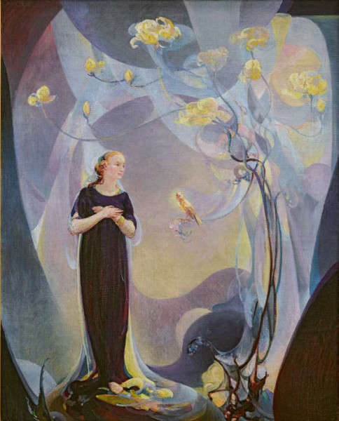 Agnes Pelton, Room Decoration in Purple and Gray, 1917, Öl/Lw, 65.5 x 53.38 in. (The Wolfsonian–FIU, The Mitchell Wolfson, Jr. Collection, TD1991.30.2)