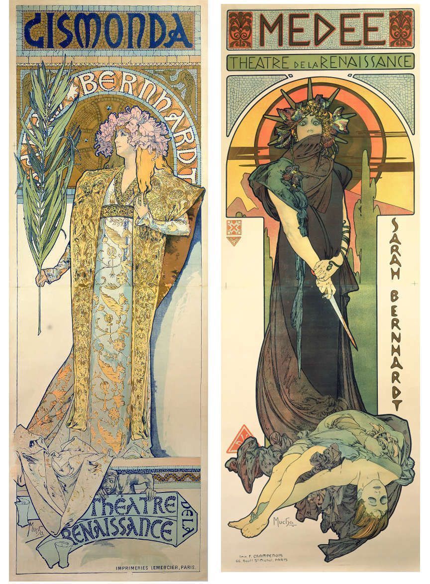 Alfons Mucha, Gismonda, Sarah Bernhardt, Théâtre de la Renaissance, 1894 und Medée [Medea], 1898, Farblithografie (Fondation Mucha, Prag © Mucha Trust 2018)