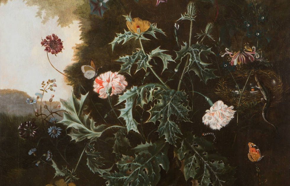 Alida Withoos, Blumen vor italianisanter Landschaft, Detail, um 1690, Öl auf Leinwand, 110 x 94.5cm (Privatsammlung)