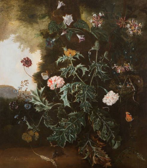 Alida Withoos, Blumen vor italianisanter Landschaft, um 1690, Öl auf Leinwand, 110 x 94.5cm (Privatsammlung)