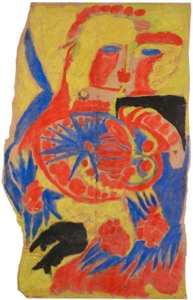 Aloïse Corbaz, genannt Aloïse, Blühende Kuss-Szene in Gouache, 1947, Grafitstift und Gouache auf Papier (Foto: Olivier Laffely, AN, Collection de l’Art Brut, Lausanne, © Association Aloïse)