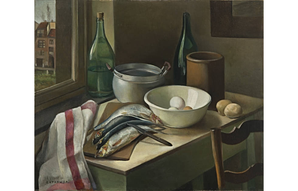Anne Ratkowski, Küchenstilleben mit Heringen, um 1938, Öl-Lw, 50 x 60,5 cm (Berlinische Galerie, Berlin)