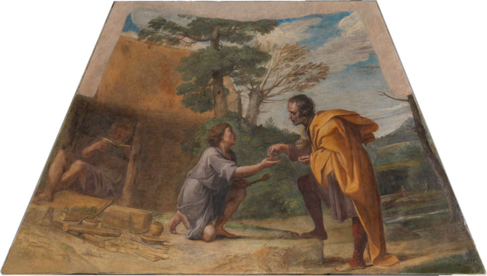 Annibale Carracci und Werkstatt, Hl. Diego de Alcalá erhält Almosen, 1604–1607, Wandmalerei auf Leinwand übertragen, 126 x 223,5 cm (Museum Nactional del Prado, Madrid)