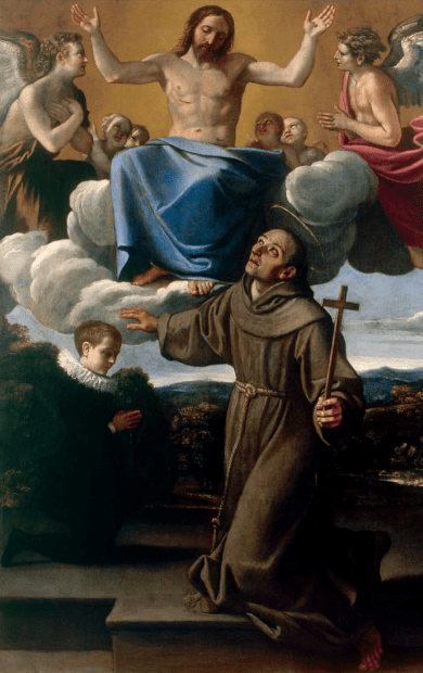 Annibale Carracci und Werkstatt, Hl. Diego de Alcalà präsentiert den Sohn von Juan de Herrera Jesus, um 1606, Öl/Holz, 258×163 cm (Chiesa si Santa Maria in Monserrato degli Spagnoli, Rom)