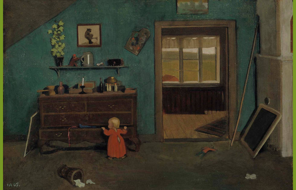 Arosenius, Interieur, Kleines Mädchen bei Kommode, 1907, 41 × 60,5 cm, Tempera auf Leinwand (Ateneum, Helsinki)