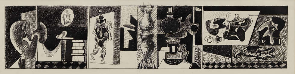 Arshile Gorky, Untitled (Study for Mural), 1933/34, Feder und Tusche auf Papier, 24.1 x 73.7 cm (Privatsammlung, courtesy Hauser & Wirth, Foto Stefan Altenburger Photography Zürich)