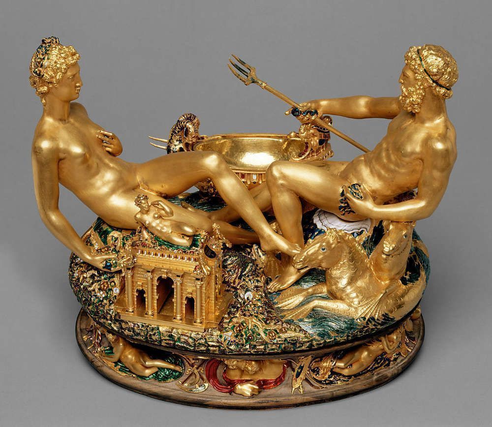 Benvenuto Cellini (1500–1571), Salzfass, „Saliera“, 1540–1543, Gold, Email, Ebenholz, Elfenbein, 28,5 cm × 21,5 cm × 26,3 cm (Kunsthistorisches Museum Wien)