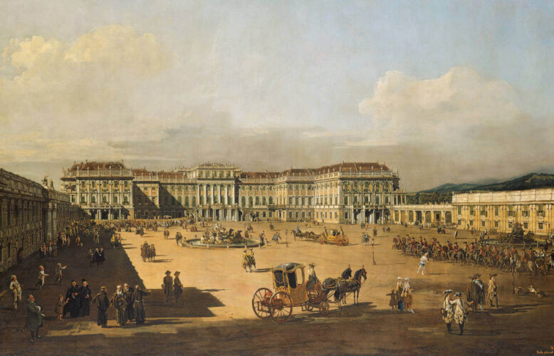 Bellotto, Ansicht von Schönbrunn vom Ehrenhof, 1759/60, Öl auf Leinwand, 135 × 235 cm (Kunsthistorisches Museum Wien)
