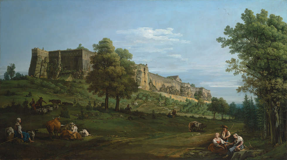 Bernardo Bellotto, Festung Königstein von Süd-West, 1756–1758, Öl/Lw, 133.9 x 238 cm (The Earl of Derby, Knowsley Hall, Reproduced courtesy of the Rt Hon. The Earl of Derby / Photo: © Christie’s Images Limited)