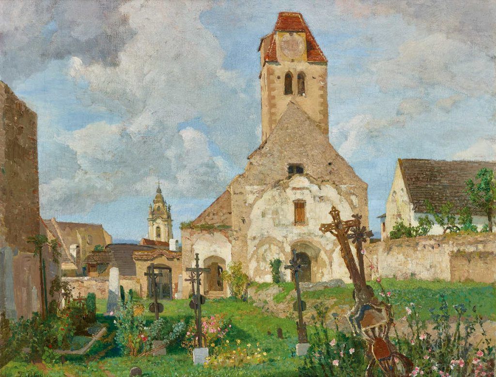 Tina Blau, Blick auf die alte Pfarrkirche von Dürnstein, 1897/98, Öl auf Leinwand, 58 x 72 cm (© Privatbesitz, Courtesy Auktionshaus im Kinsky, Wien)