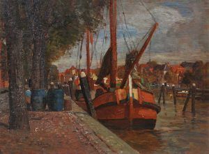 Tina Blau, Dordrecht (Rotes Schiff), 1907, Öl auf Holz, 28 x 38 cm (Privatbesitz, Wien)