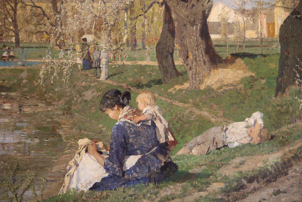Tina Blau, Frühling im Prater, 1882, Detail Arbeiterfamilie, Öl auf Leinwand 214 x 291 cm (Belvedere, Wien)