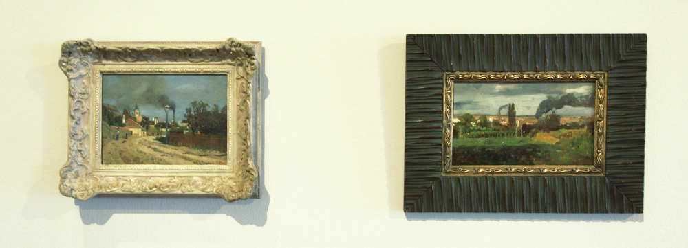 Tina Blau, Straßenansicht. Motiv aus Nußdorf, 1894, Öl auf Holz, 17,5 × 23 cm (Privatbesitz) + Grinzing an der Zahnradbahn, um 1894/98?, Öl auf Holz, 17 × 27 cm (Privatbesitz)