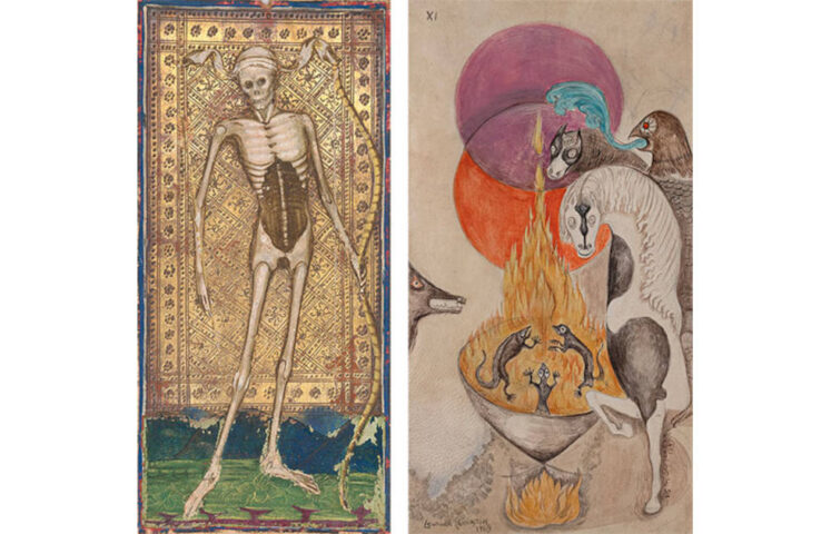 Bonifacio Bembo, Tod, aus dem Visconti- Sforza Tarot, Mailand oder Cremona, um 1456–1458 (The Morgan Library & Museum, MS M.630.12) & Leonora Carrington, Feuer Elemente, 1969, Gouache auf Pergament (Collection of Lucid Art Foundation. © 2025 Leonora Carrington / Artists Rights Society (ARS), New York)
