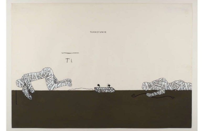 Bruno Gironcoli, Entwurf II (Turnstunde), 1967–1970, Tusche, Deckfarben auf Papier, 62 x 89 cm (mumok Museum moderner Kunst Stiftung Ludwig Wien, Leihgabe der Artothek des Bundes seit 1976, © BRUNO GIRONCOLI WERK VERWALTUNG GMBH / GESCHÄFTSFÜHRERIN CHRISTINE GIRONCOLI)