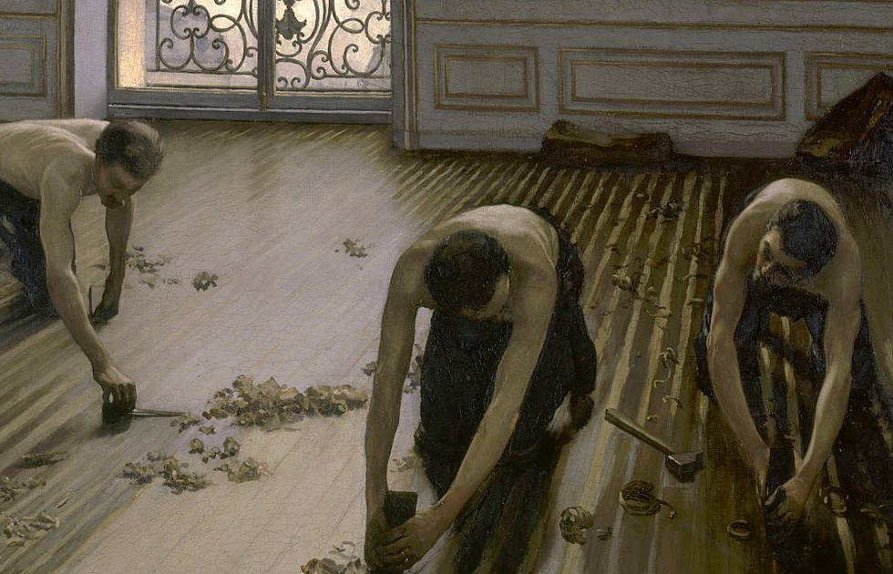 Gustave Caillebotte, Die Parkettschleifer, Detail, 1875, Öl auf Leinwand, 102 × 147 cm (Musée d'Orsay, Paris, Gift of Caillebotte's heirs through the intermediary of Auguste Renoir, 1894).