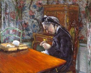 Gustave Caillebotte, Portrait de Mme B. [Mademoiselle Boissière strickt], 1877, Öl auf Leinwand, 65.1 × 80 cm (Museum of Fine Arts, Houston, Gift of Audrey Jones Beck)