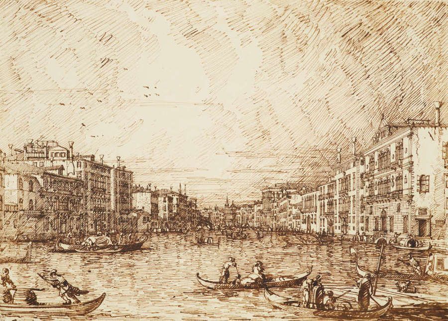 Canaletto, Venedig: Der Canal Grande, um 1734, Bleistift, Feder und Tinte, 27 x 37,5 cm (Royal Collection Trust/© Her Majesty Queen Elizabeth II 2016)