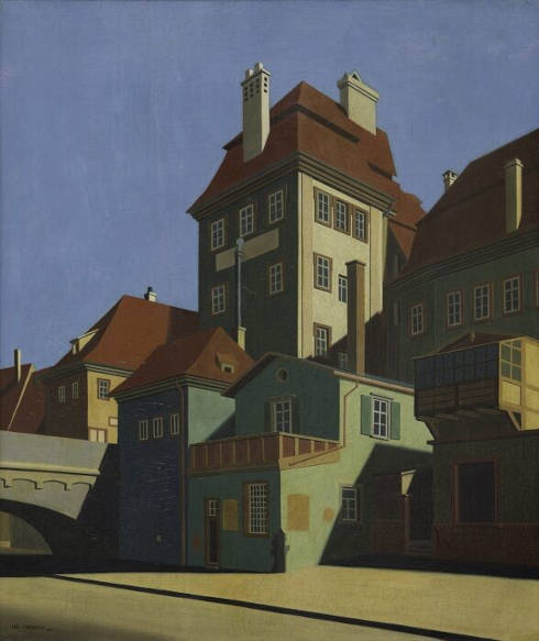 Carl Grossberg, Brückenkopf an der Alten Mainbrücke, 1928, Öl auf Sperrholz, 60 x 50 cm (© Museum im Kulturspeicher Foto: Andreas Bestle)