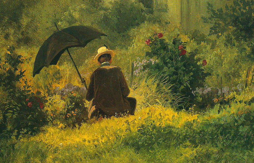 Carl Spitzweg, Der Maler im Garten, Detail, um 1870, Öl/Karton, 22 × 34,5 cm (Wintherthur, Reinhart am Stadtgarten)