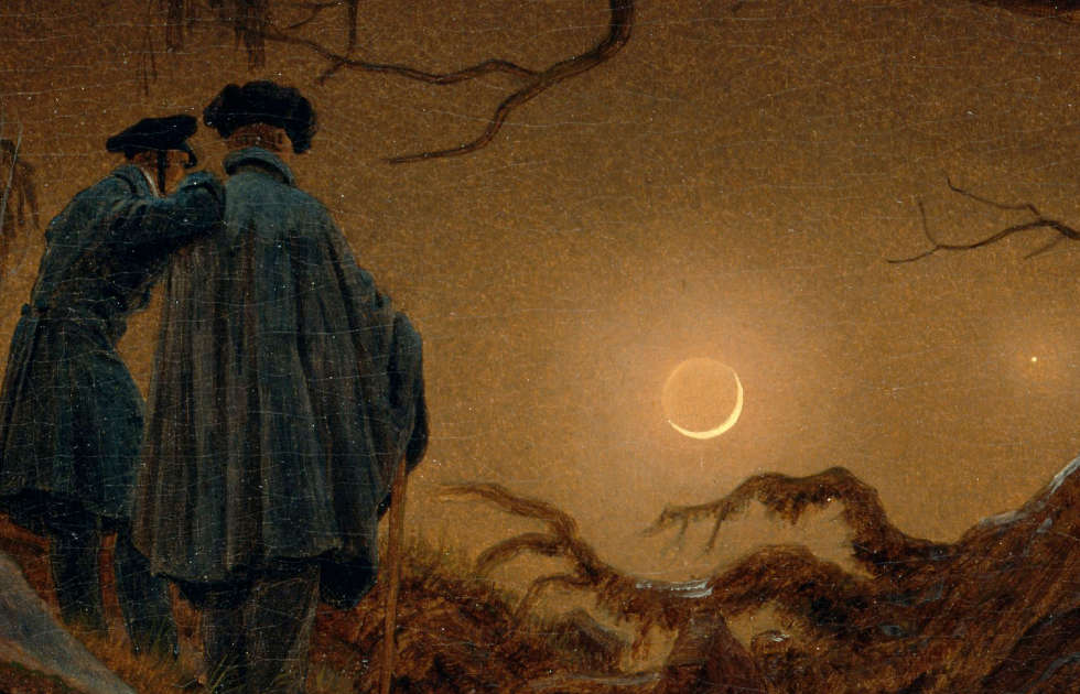 Friedrich Querformat Kunstkarte: C.D Zwei Männer in Betrachtung des Mondes 