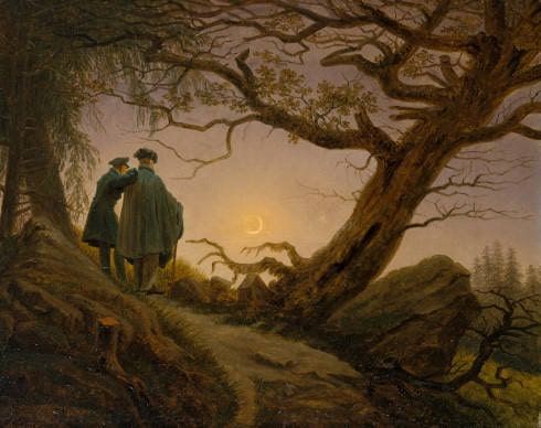 Caspar David Friedrich, Zwei Männer in Betrachtung des Mondes, um 1825–1830, Öl auf Leinwand, 34,9 x 43,8 cm (The Metropolitan Museum, New York, Wrightsman Fund, 2000, Inv.-Nr.: 2000.51)