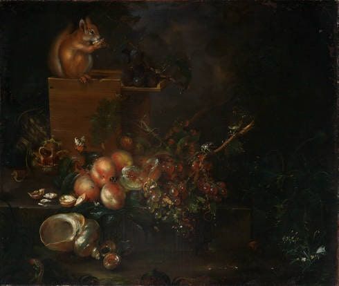 Catharina Treu, Fruchtstillleben mit Muschel und Eichhörnchen, Öl auf Leinwand, 78 x 92 cm (Staatliche Kunsthalle, Karlsruhe)