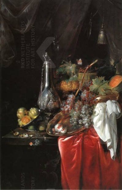 Catharina Treu, Prunkstillleben mit Früchten und einer silbernen Flasche, 1768 dat., Öl auf Leinwand, 170 x 106 cm (Privatsammlung)