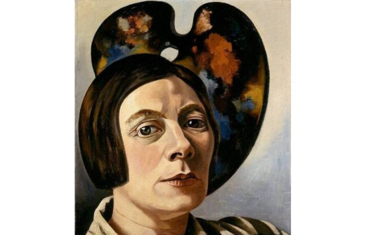 Charley Toorop, Selbstporträt vor einer Palette, 1934, Öl auf Leinwand, 45,6 × 40,3 cm (Kröller-Müller Museum, Inv.-Nr. KM 110.504)