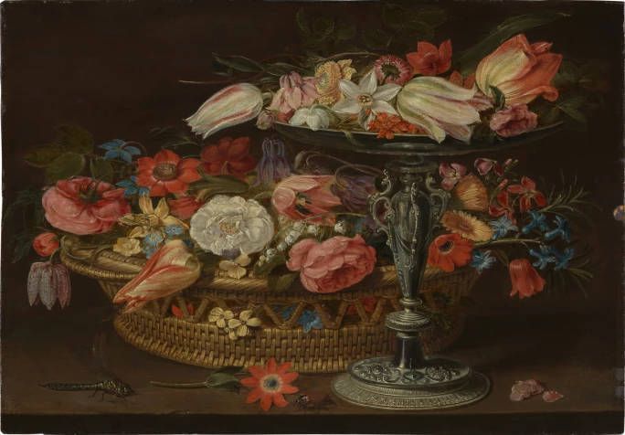 Clara Peeters, Blumen in einem Korb und eine silberne Tazza, um 1615, Öl auf Eiche, 31.8 x 45.8 cm (Kröller-Müller Museum, Otterlo. © Collection Kröller-Müller Museum. Photo by Rik Klein Gotink)