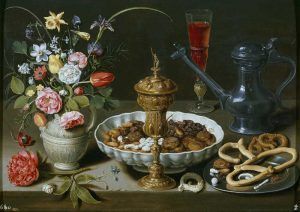 Clara Peeters, Stillleben mit Blumen, goldenem Kelch, Mandeln, getrockneten Früchten, Bonbons, Keksen, Wein und ein Zinnkrug, Detail, 1611, Öl auf Holz, 53 x 73 cm (Madrid, Museo Nacional del Prado)
