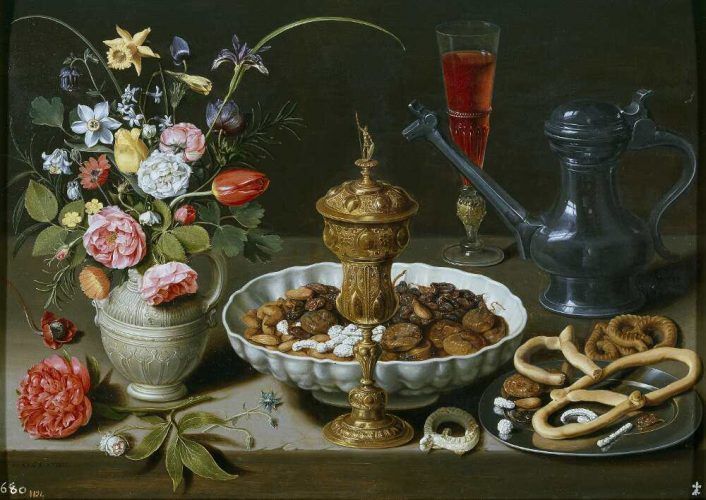 Clara Peeters, Stillleben mit Blumen, goldenem Kelch, Mandeln, getrockneten Früchten, Bonbons, Keksen, Wein und ein Zinnkrug, Detail, 1611, Öl auf Holz, 53 x 73 cm (Madrid, Museo Nacional del Prado)