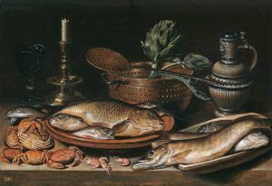 Clara Peeters, Stillleben mit Fisch, Kerze, Artischocken, Krabben und Shrimp, 1611, Öl auf Holz, 50 x 72 cm (Madrid, Museo Nacional del Prado)