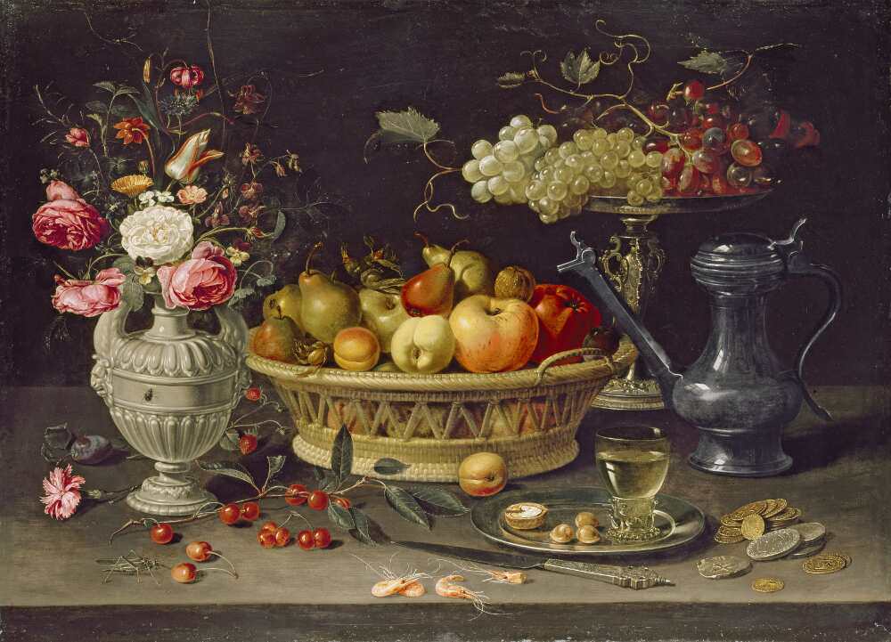 Clara Peeters, Stillleben mit Früchten und Blumen, um 1612/13, Öl auf Kupfer, 64 x 89 cm (Oxford, The Ashmolean Museum. Bequeathed by Daisy Linda Ward, 1939)