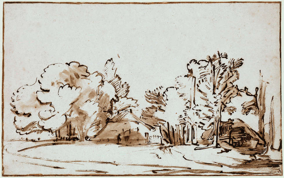 Constantijn Daniel van Renesse, Landschaft mit zwei Hütten unter Bäumen, um 1653, Feder in Braun, braun laviert (Ausschnitt) (© Staatliche Museen zu Berlin, Kupferstichkabinett/ Jörg P. Anders)