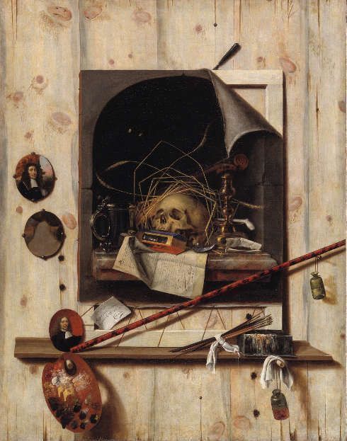Cornelis Norbertus Gijsbrecht, Trompe L’Œil mit Atelierwand und Vanitas-Stillleben, 1668, 152 x 118 cm, Öl/Leinwand (© Statens Museum for Kunst, Kopenhagen)