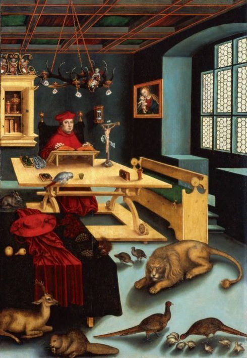 Lucas Cranach d. Ä., Kardinal Albrecht von Brandenburg als Hl. Hieronymus in der Studierstube, 1526, Öl und Tempera auf Holz (Florida, State University Sarasota)