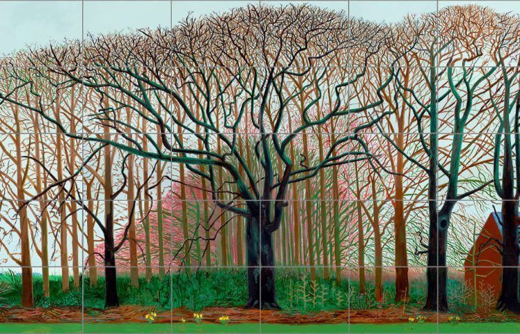 David Hockney, Bigger Trees near Warter or/ou Peinture sur le Motif pour le Nouel Age Post-Photographique, Detail, 2007, Öl auf 50 Leinwänden (je 91.4 x 121.9 cm), 457.2 x 1219.2 cm (Tate: Präsentiert vom Künstler 2008, © David Hockney, Foto: Prudence Cuming Associates)