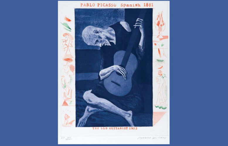 David Hockney, The Old Guitarist, in: Die blaue Gitarre, 1976/77, Radierung und Aquatinta, 42,5 x 34,5 cm (c) David Hockney