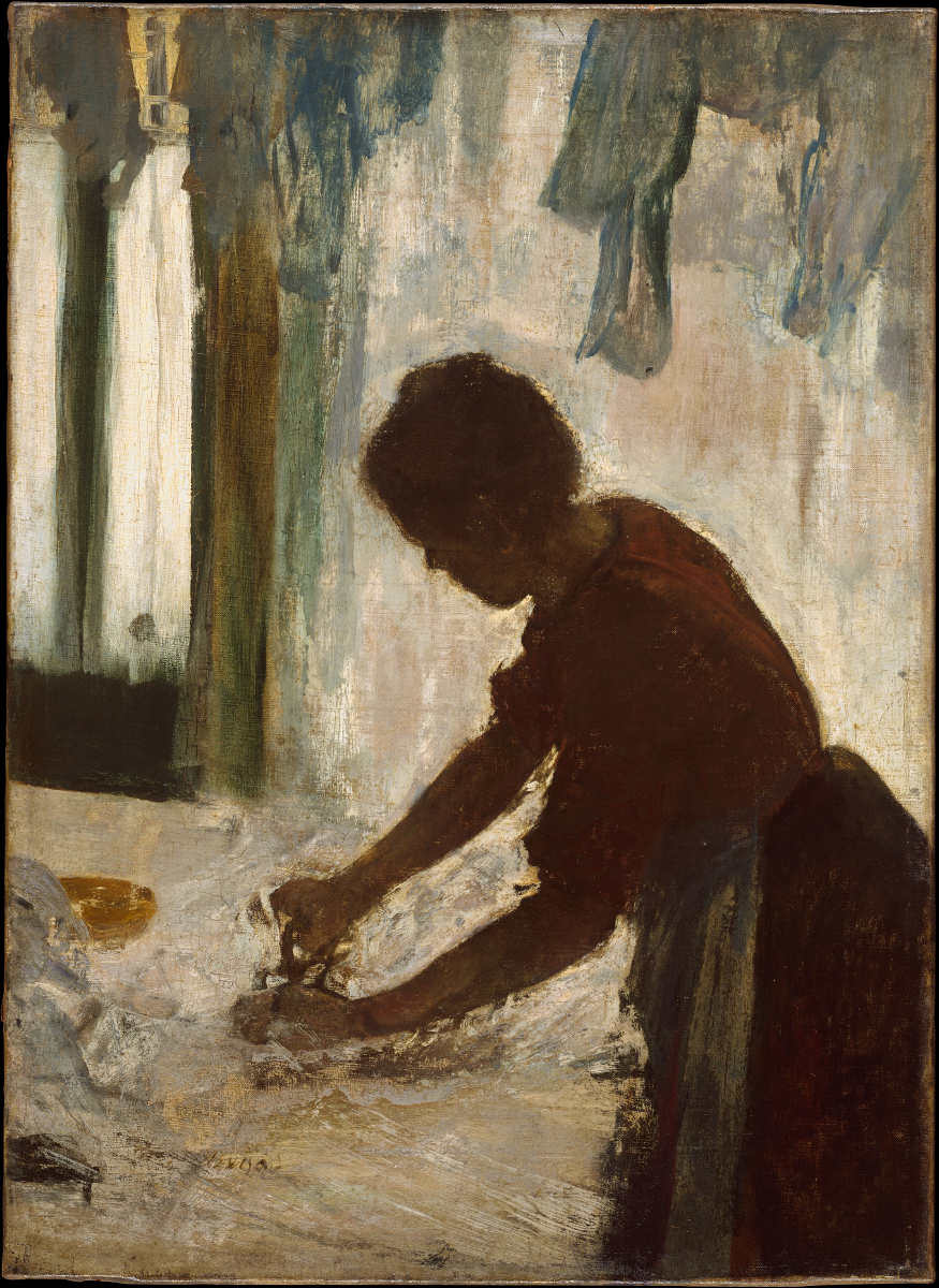 Edgar Degas, Blanchisseuse (Silhouette) [Bügelnde Frau (Silhouette)], um 1874 (vielleicht: Öl auf Leinwand, 54.3 x 39.4 cm, The Metropolitan Museum of Art, New York, H. O. Havemeyer Collection, Bequest of Mrs. H. O. Havemeyer, 1929)