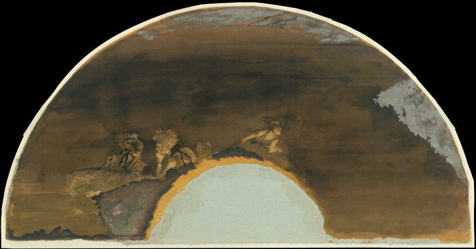 Edgar Degas, Eventail [Fächer (Ballettmädchen)], 1879, Aquarell, Tusche und Gold auf Seide, 19.1 x 57.8 cm (The Metropolitan Museum of Art, New York, H. O. Havemeyer Collection, Bequest of Mrs. H. O. Havemeyer, 1929)