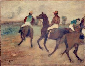 Edgar Degas, Vor dem Rennen, um 1888, Öl auf Holz (parkettiert), 33,5 x 42,5 cm (Kunstmuseum Bern, Legat Georges F. Keller 1981 Kunstmuseum Bern)