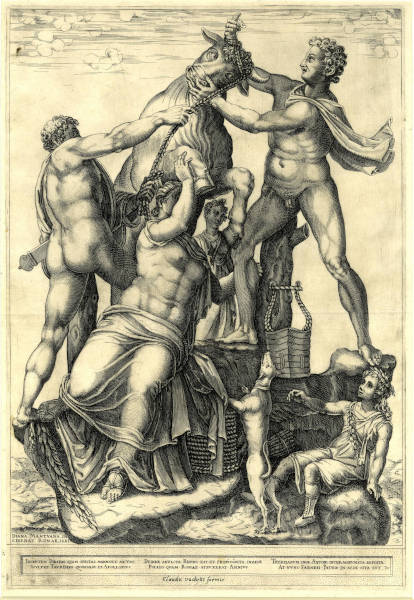 Diana Scultori, Amphion und Zethus binden Dirce an einen wilden Stier, 1581, Kupferstich (© The Trustees of the British Museum, Inv.-Nr. 64693001)
