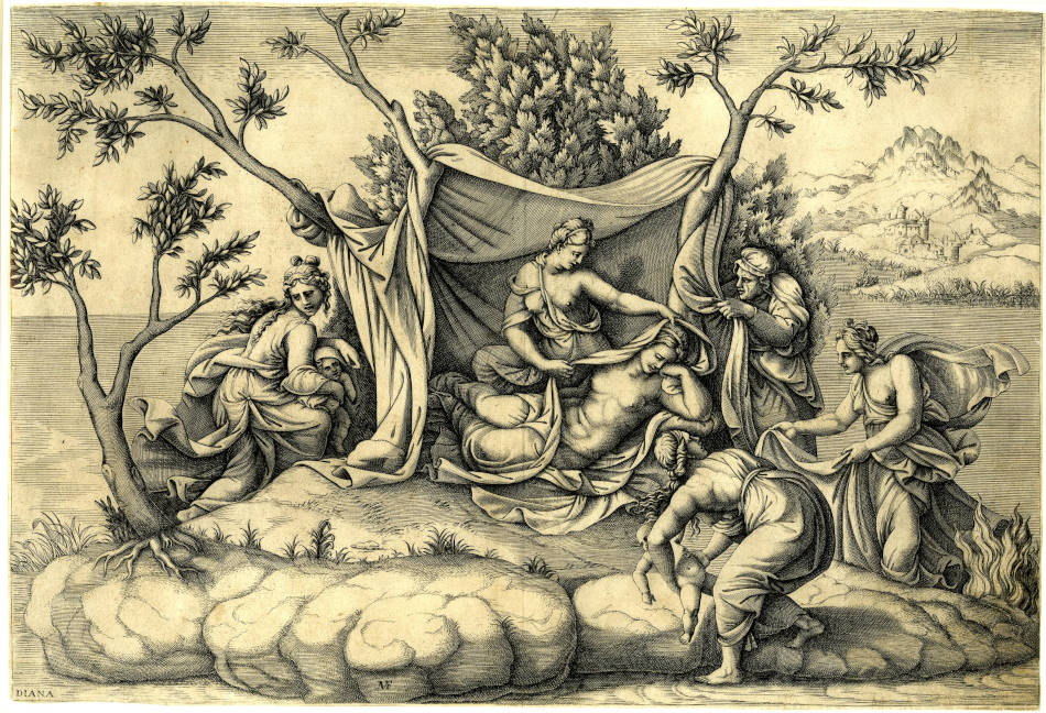 Diana Scultori, Geburt Apollo und Diana auf der Insel Delos, Kupferstich, Radierung, nach 1560, 68 × 54,1 cm (Albertina, Wien, It/I/29/84)