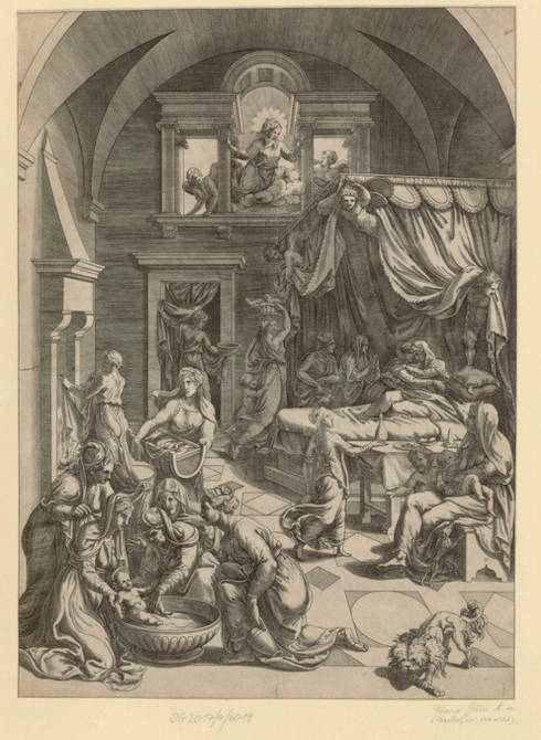 Diana Scultori, Geburt Johannes des Täufers, nach Giulio Romano, 70 × 58,7 cm (Albertina, Wien, It/II/17/15)