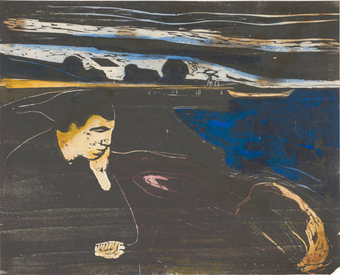 Edvard Munch, Abend. Melancholie I, 1896, Farbholzschnitt (Museum der bildenden Künste Leipzig, Foto: bpk/Museum der bildenden Künste Leipzig)