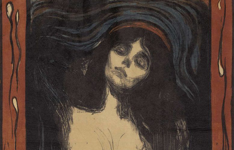 Edvard Munch, Madonna, Detail, 1895/1902, Farblithografie mit Lithokreide, -tusche und Nadel in Schwarz, Oliv, Blau und Rot / Japanpapier (ALBERTINA, Wien © ALBERTINA, Wien)