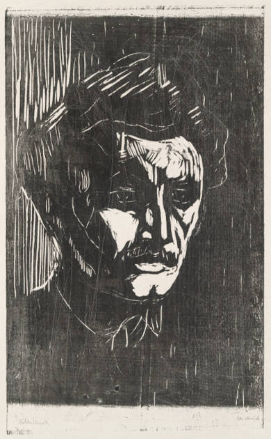 Edvard Munch, Selbstbildnis nach links, 1912/13, Holzschnitt, 44,2 x 35,1 cm (Privatsammlung)